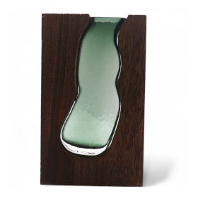 Vase en Verre / Support en Bois de Tung Foncé - 14.5x5x23cm