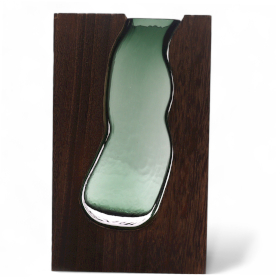 Grand Vase en verre / Support en Bois de Tung Foncé - 18x5x32cm