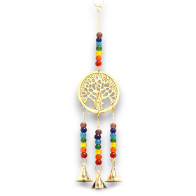 4x Carillons Indiens - Arbre de Vie en Laiton avec Perles de Chakra - 3 Cloches - 6,5x31cm