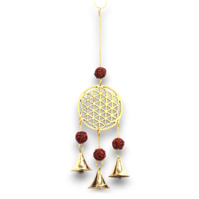 4x Carillons Indiens - Fleur de Vie en Laiton avec Perles Rudraksha - 3 Cloches - 6x27cm