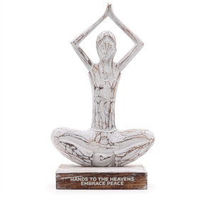 Statue Yoga en Bois - Blanchiment à la Chaux - Pose des Mains Levées - « Les Mains vers le Ciel Embrassent la Paix »