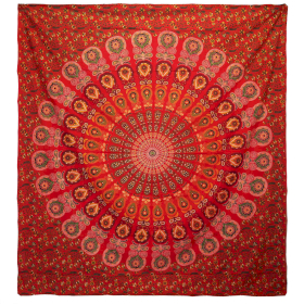 Couvre-Lit Double en Coton ou Tenture Murale - Mandala de Paon - Rouge