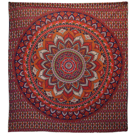 Couvre-Lit Double en Coton ou Tenture Murale - Mandala Classique - Orange / Bleu