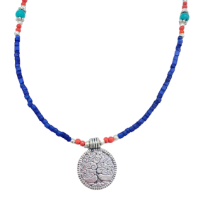 Collier de Pierres Précieuses Extra-Fines du Népal - Onyx Bleu & Arbre de Vie