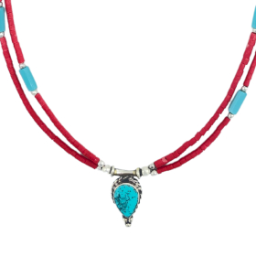 Collier Népalais Extra Fin à Deux Lignes - Pendentif Rose & Turquoise