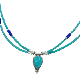 Collier Népalais Extra Fin à Deux Lignes - Pendentif Lapis & Malachite