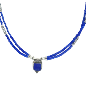 Collier Népalais Extra Fin à Deux Lignes - Pendentif Onyx Bleu & Lapis