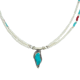 Collier Népalais Extra Fin à Deux Lignes - Pendentif Perle & Turquoise