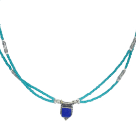 Collier Népalais Extra Fin à Deux Lignes - Pendentif Turquoise & Lapis