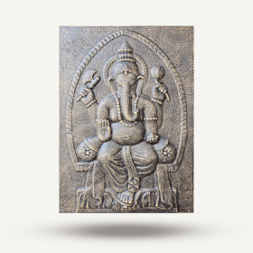 Grand Cadre en Ciment Fibré Ganpati en Relief Doré Antique - 0,7x1m