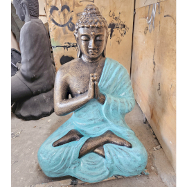 Grande Statue de Bouddha en Prière Turquoise et Dorée - 1,2 m de haut