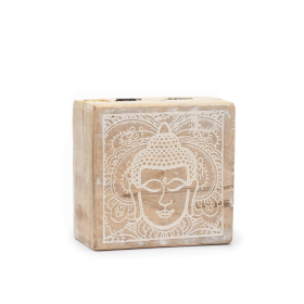 Petite Boîte Carrée 10x10x4,2cm - Visage de Bouddha Blanchi à la Chaux