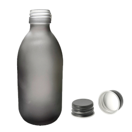 36x Bouteille Médicinale en Verre Gris Givré de 300 ml avec Bouchon Noir en Aluminium