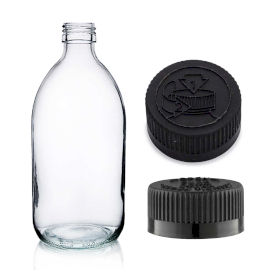 30x Bouteille en Verre Médicinale Transparente de 500 ml  avec Bouchon Noir CR / TP